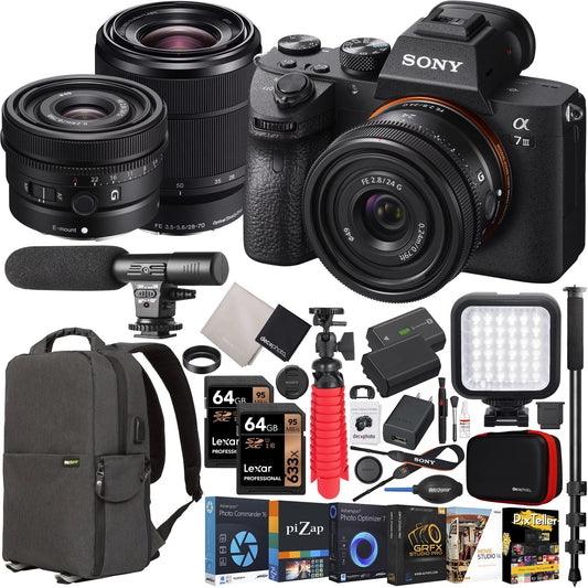 a7 III Mirrorless Full Frame Camera + 2 Lens Kit w/ FE 24mm F2.8 G SEL24F28G + 28-70mm F3.5-5.6 OSS + ILCE7M3K/B Bundle with Deco Gear Photography Backpack Case + Microphone + LED + Accessories