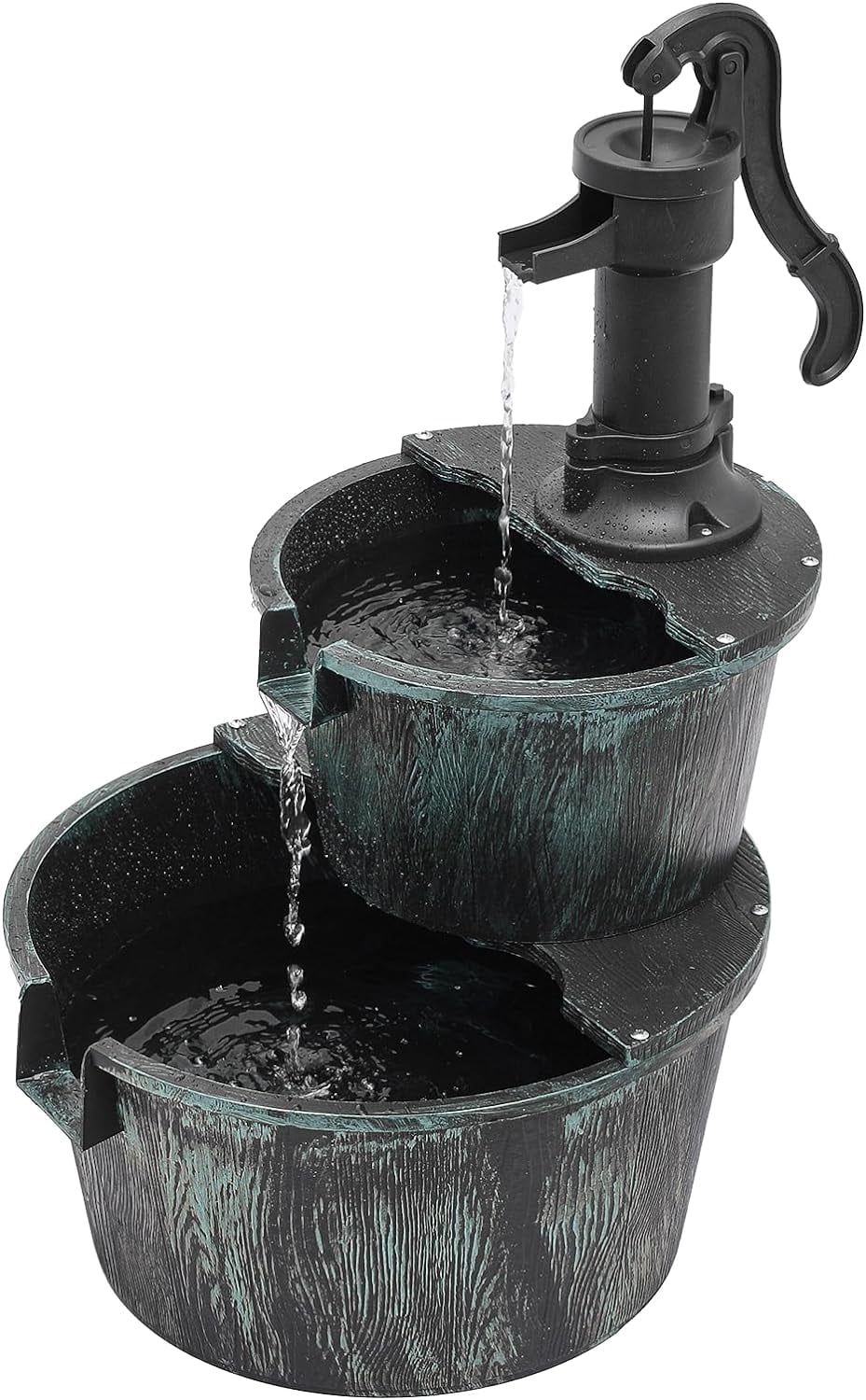 2-Tier Outdoor moisture Fountain Freestanding Rustic Cascading Waterfall Fountain With Electric Pump For Garden Patio Backyard Porch Decor, Teal Blue