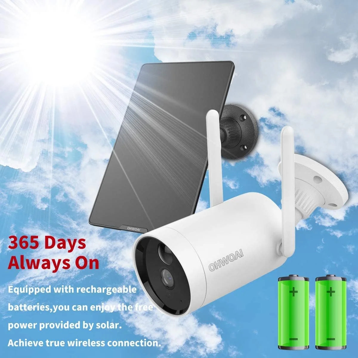 《Truly Wireless & Two-Way Audio》Outdoor Solar Powered Rechargeable Battery Camera, Surveillance WiFi Camera with Solar Panel, Security Home IP Camera, PIR Motion Detection, Waterproof, Night Vision