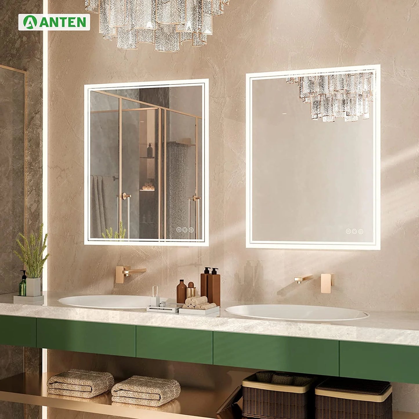 ANTEN 36x28 Inch Backlit Bathroom Mirror with Lights, Anti-Fog, 3000K-6000K, Dimmable LED Bathroom Mirror, Wall-Mounted Lighted Bathroom Mirror, Touch Sensor, LED Vanity Mirror