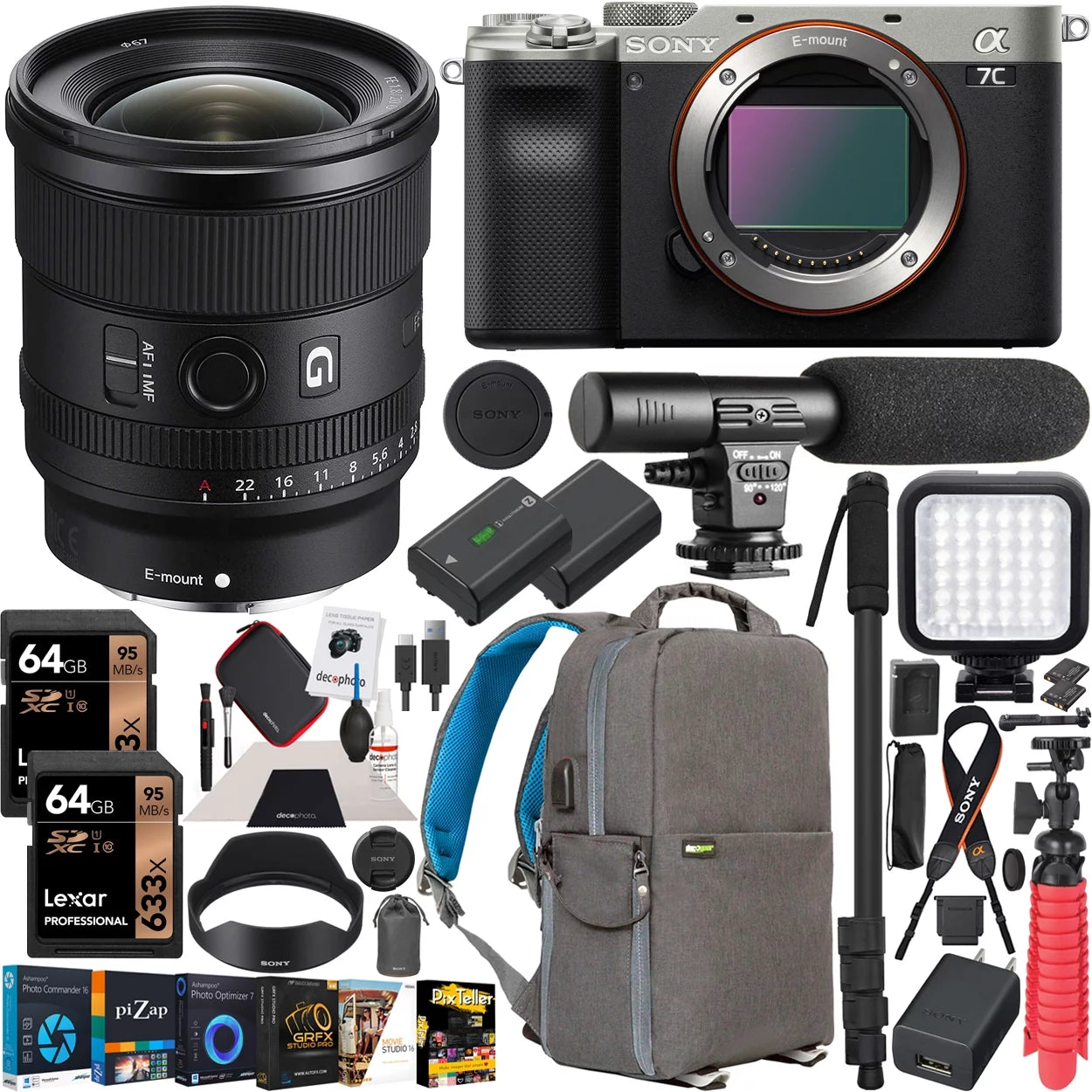 a7C Mirrorless Full Frame Camera Body with  FE 20mm F1.8 G Lens SEL20F18G Silver ILCE7C/S Bundle with Deco Gear Photography Backpack Case , Software and Accessories