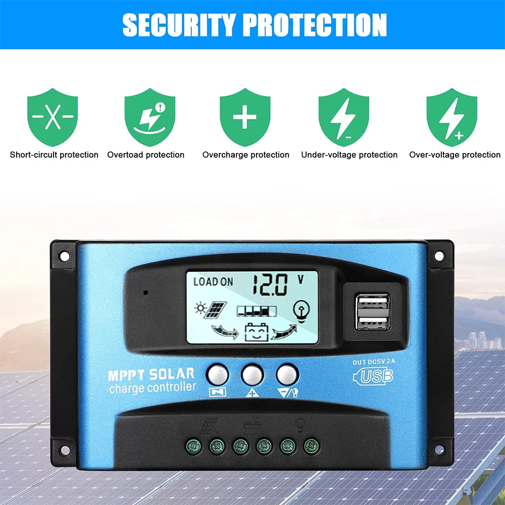 30A MPPT Solar Charger Controller, Solar Panel Regulator Charge Controller, High Charging Efficiency, Dual USB, MCU Control, Build-in Timer(Blue)