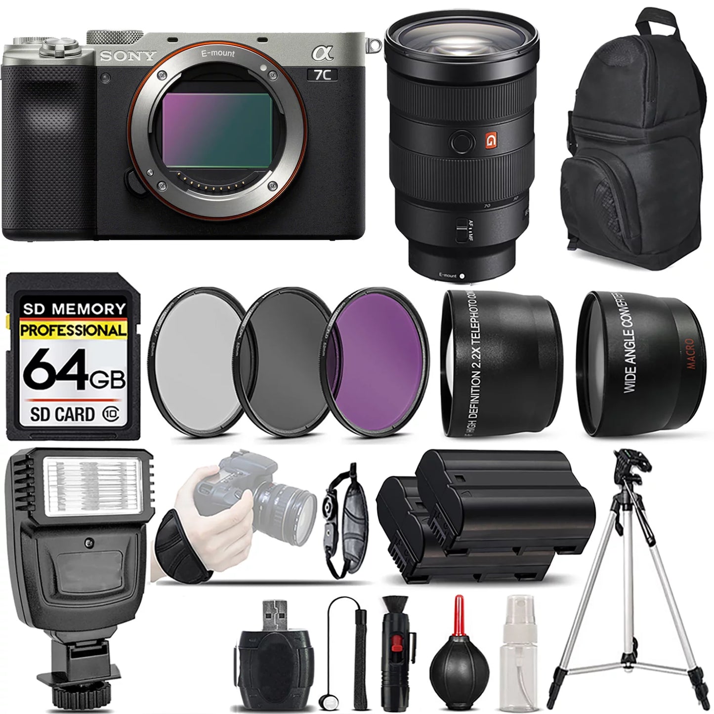 a7C Camera (Silver) with 24-70mm f/2.8 GM Lens + 0.43X Wide Angle Lens + 2.2x Telephoto Lens + Flash + 64GB Memory Card + UV-CPL-FLD Filters + Wrist Grip - International Version