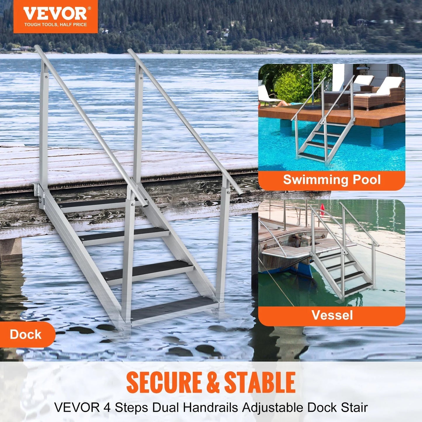 Adjustable Height, 500 lbs Load Capacity Dock Ladder 4 Step. Vevor  Dock Stairs 30-38 in