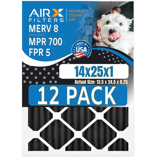 14x25x1 Air Filter MERV 8 Rating, 12 Pack of Furnace Filters Comparable to MPR 700, FPR 5, Pet Odor Retention Filters - Made in USA by AIRX FILTERS WICKED CLEAN AIR.