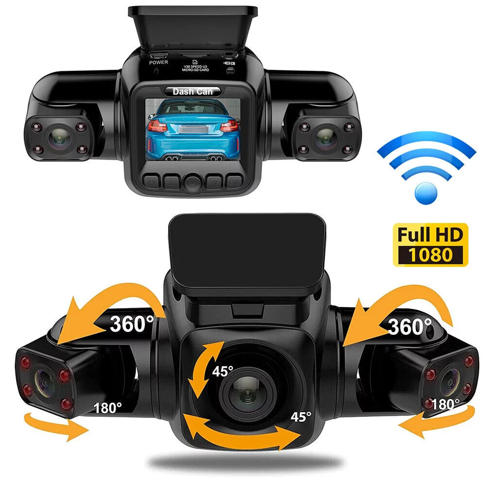 3 Channel Dash Cam Front, Left, Right and Rear, Front and Rear Inside, 360°Panoramic Driving Recorder HD Car Cameras Night Vision