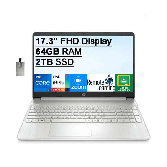 2021 17.3" FHD IPS Laptop Computer, 11th Generation  Core i7-1165G7, 64GB RAM, 2TB PCIe SSD, Backlit Keyboard,  Iris Xe Graphics, HD Webcam, HD Audio, Windows OS, Silver, 32GB USB Card