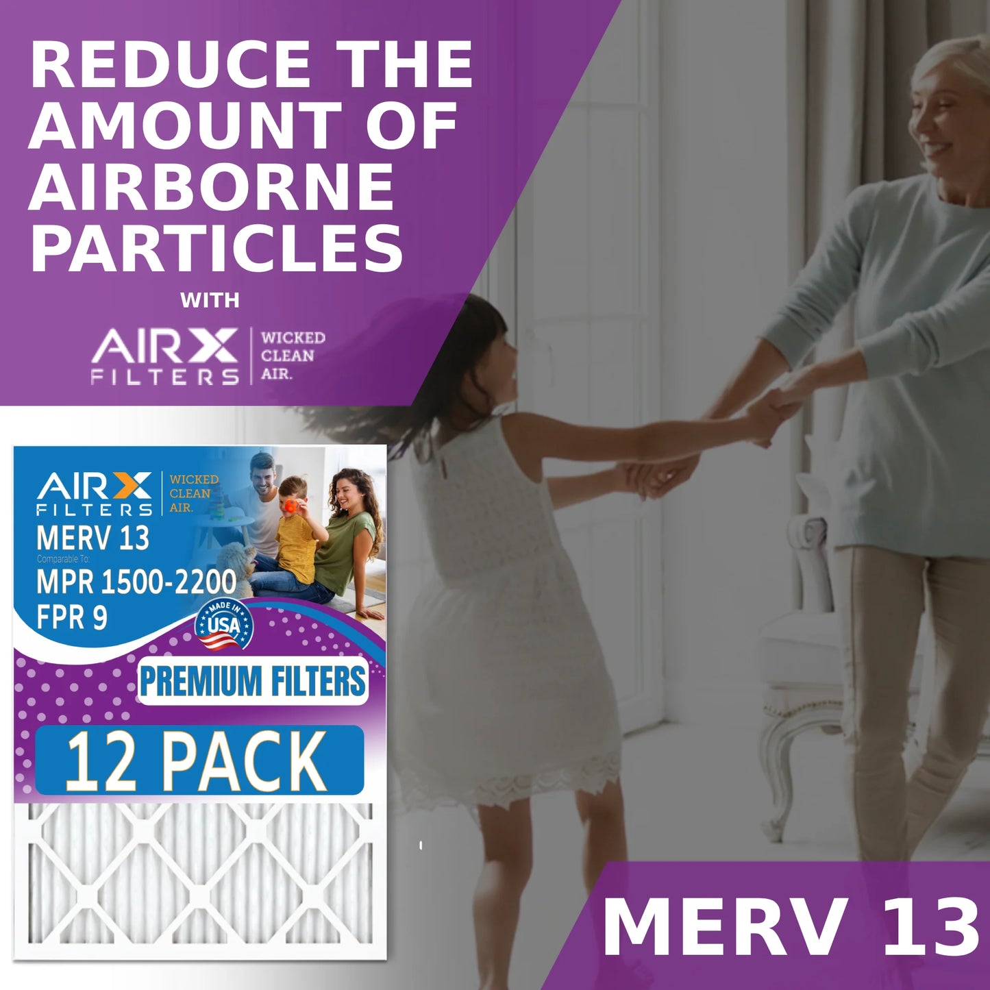 20x20x1 Air Filter MERV 13 Rating, 12 Pack of Furnace Filters Comparable to MPR 1500 - 2200 & FPR 9 - Made in USA by AIRX FILTERS WICKED CLEAN AIR.