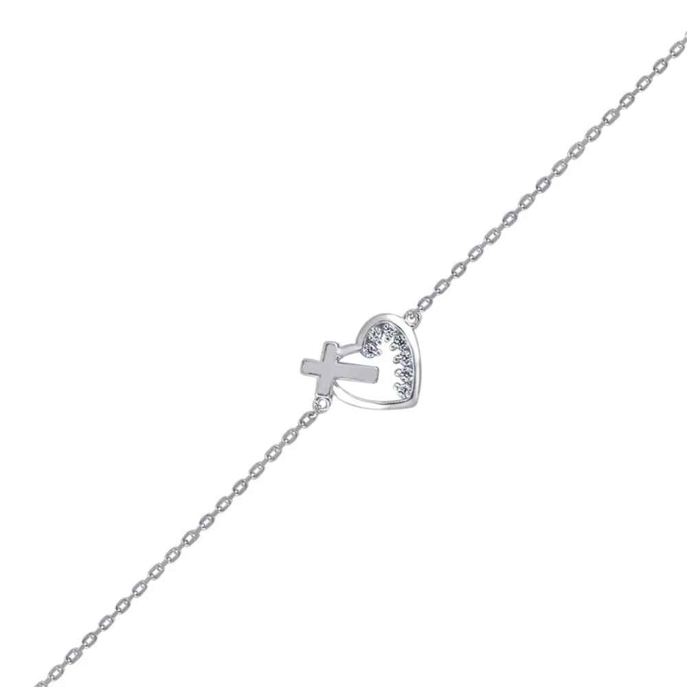 Auriga 925 Sterling Silver Cubic Zirconia Rolo Link Heart and Cross Bracelet for Women