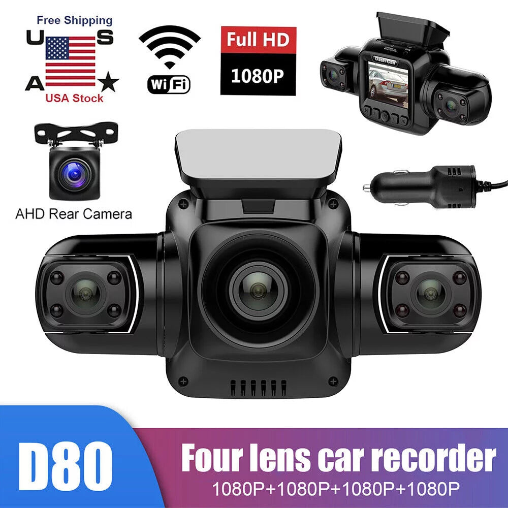 3 Channel Dash Cam Front, Left, Right and Rear, Front and Rear Inside, 360°Panoramic Driving Recorder HD Car Cameras Night Vision