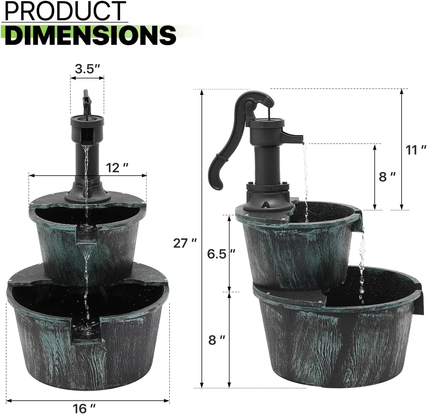 2-Tier Outdoor moisture Fountain Freestanding Rustic Cascading Waterfall Fountain With Electric Pump For Garden Patio Backyard Porch Decor, Teal Blue