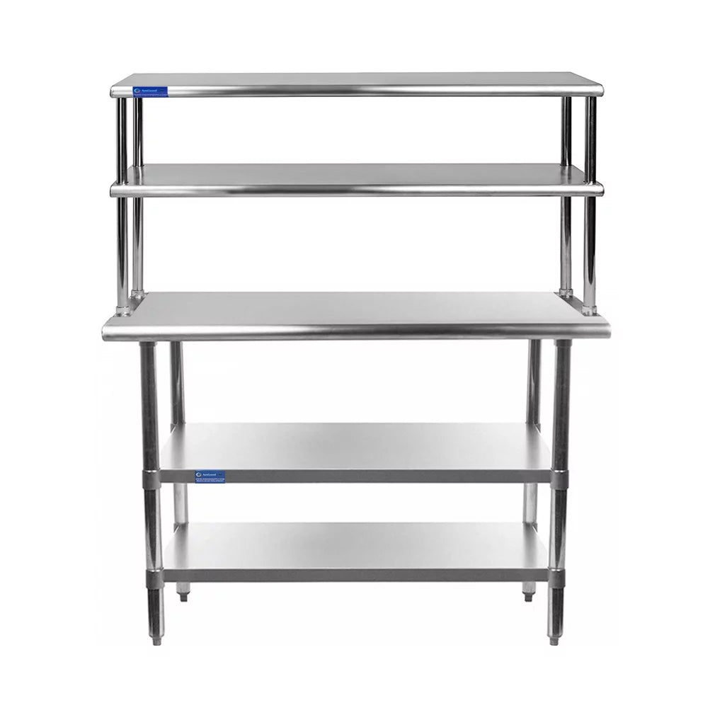 24" x 36" Stainless Steel Work Table With Two Shelves | 18" Wide Double Tier Overshelf | Metal Kitchen Prep Table & Shelving Combo