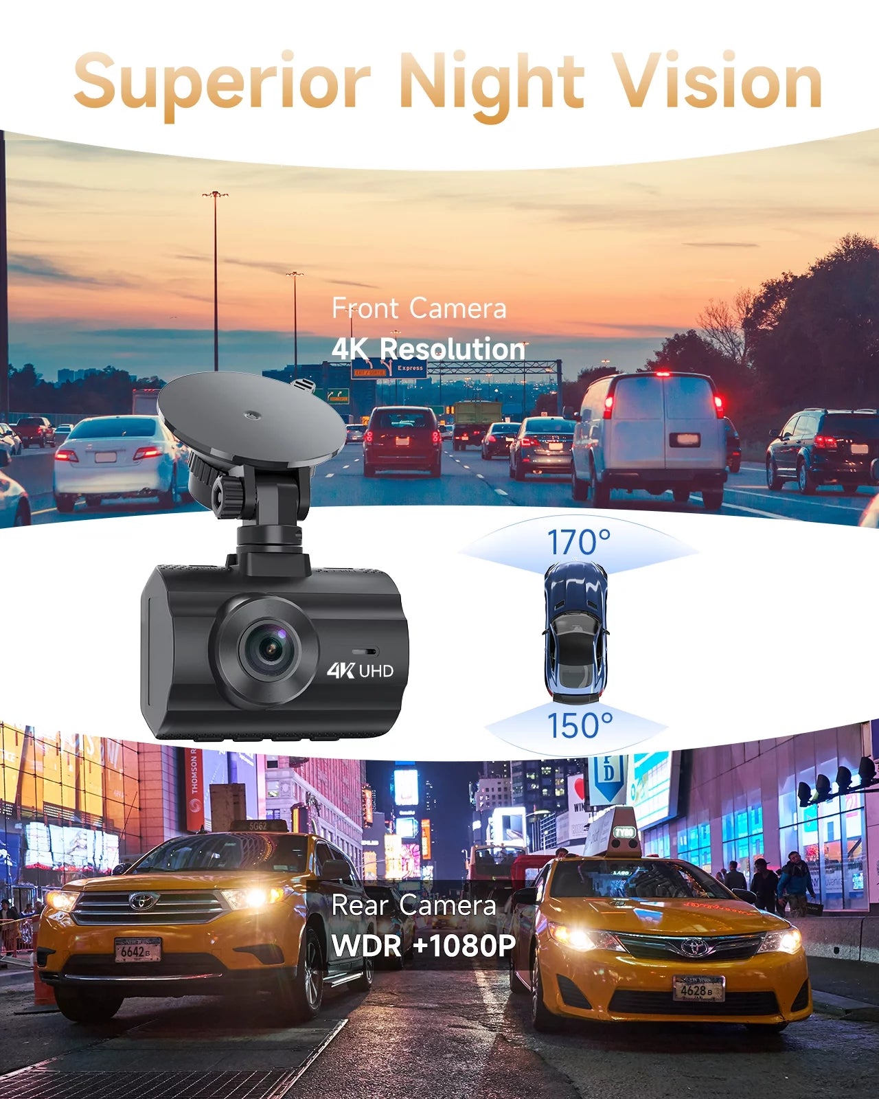 4K Dash Cam WiFi GPS,4K+1080P Front and Rear, Car Dash Camera, Dashcam with 2" LCD Screen, 170° Wide Angle, WDR, Night Vision,Parking Mode, G-Sensor,Black