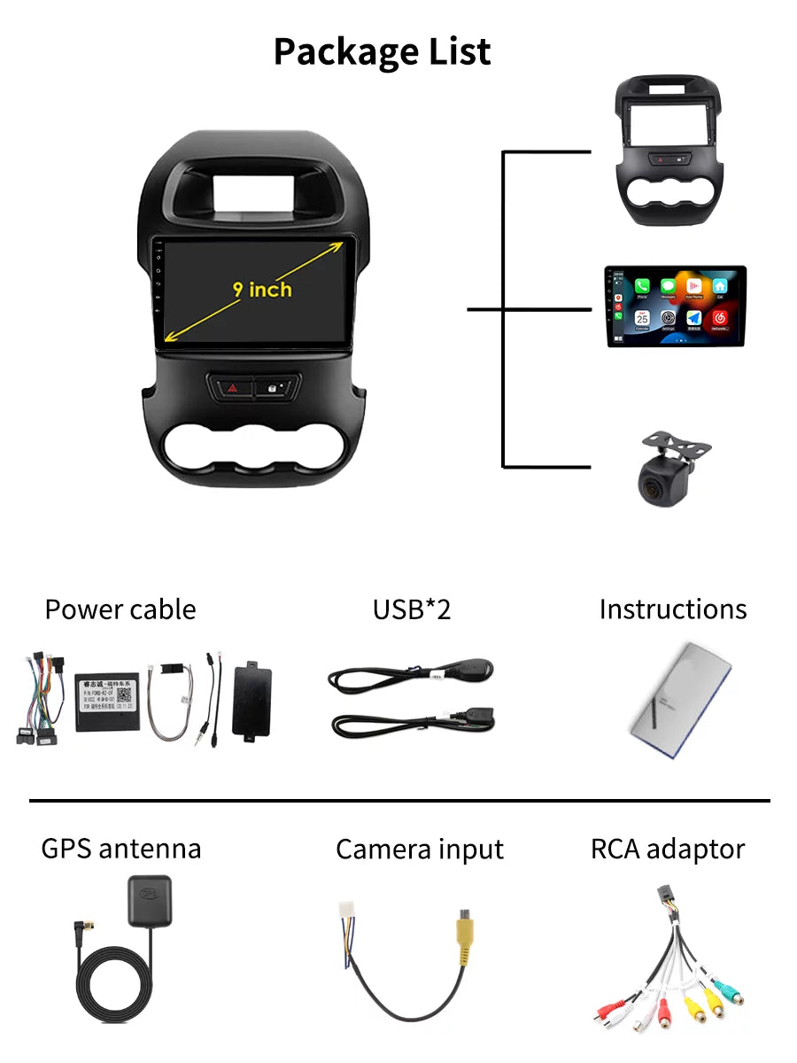 9 inch Carplay Car Radio Stereo For  Ranger 2011 - 2016 GPS Navi Android Screen Multimedia Player Android Auto With Bluetooth