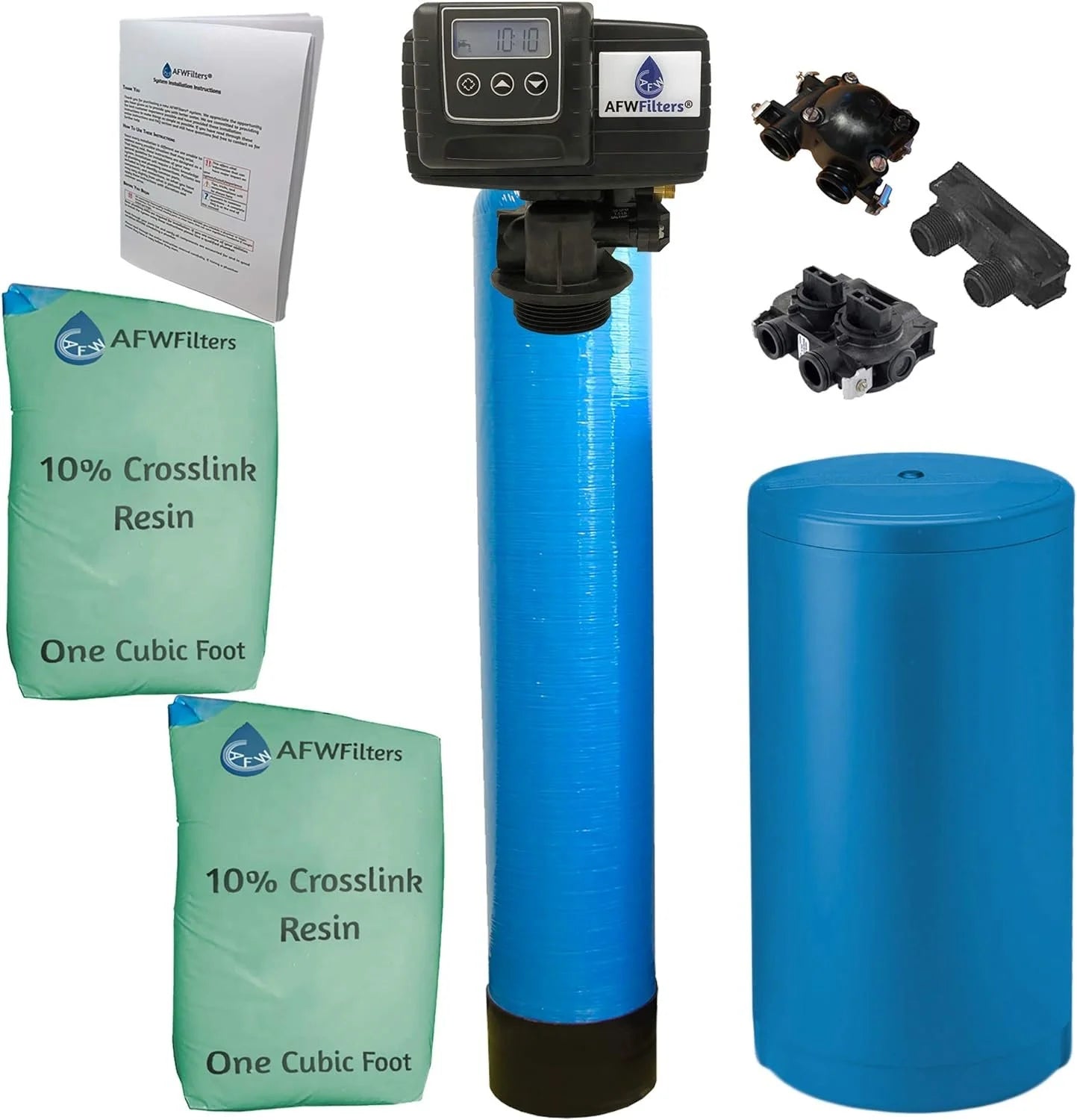 AFWFilters 2 cubic Foot 64k Whole Home aqua Softener with Durable 10% Crosslink Resin, 3/4" Plastic MNPT Connection, and Blue Tanks