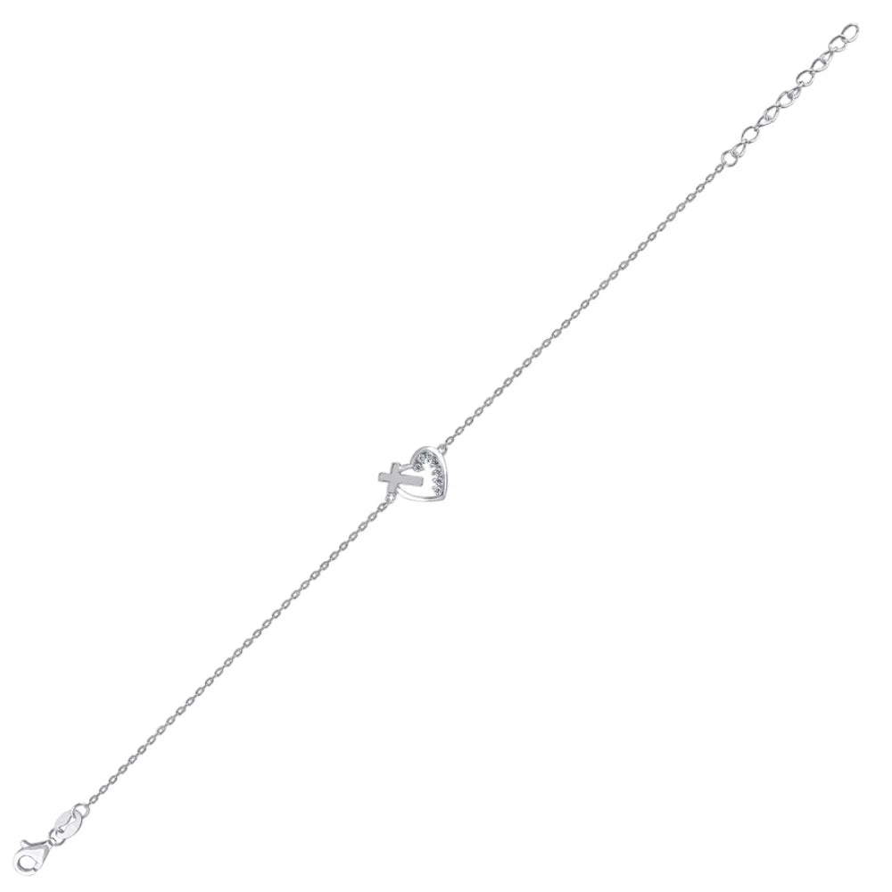 Auriga 925 Sterling Silver Cubic Zirconia Rolo Link Heart and Cross Bracelet for Women