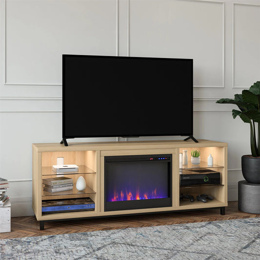 Ameriwood Home Lumina Deluxe Fireplace TV Stand for TVs up to 70" in Blonde Oak