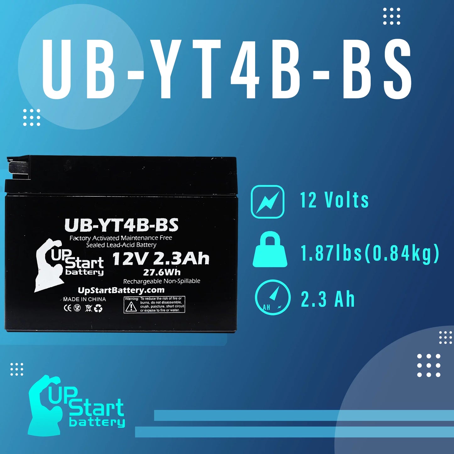 5-Pack UpStart Battery Replacement for 2010 Yamaha SR400 (FI) 400CC Factory Activated, Maintenance Free, Motorcycle Battery - 12V, 2.3Ah, UB-YT4B-BS