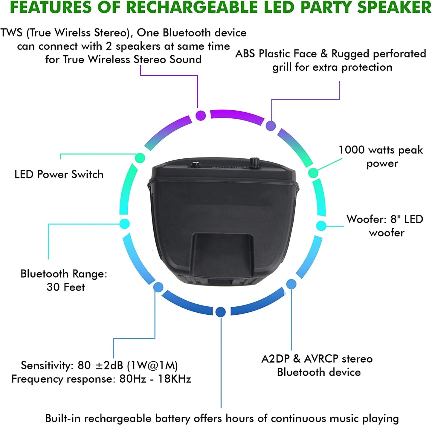 8 Inch Portable 500 Watts Bluetooth Speaker W/Woofer & Tweeter W/Digital Processing, XLR To 1/4" For Karaoke (Black, Speaker)