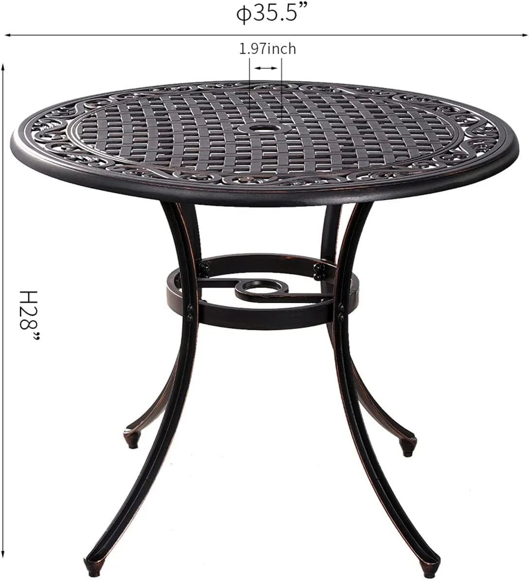 35.5 Inch Patio Bistro Dining Table, Cast Aluminum Patio Table with 1.97" Umbrella Hole,Round Outdoor Dining Table for Garden, Patio, Porch