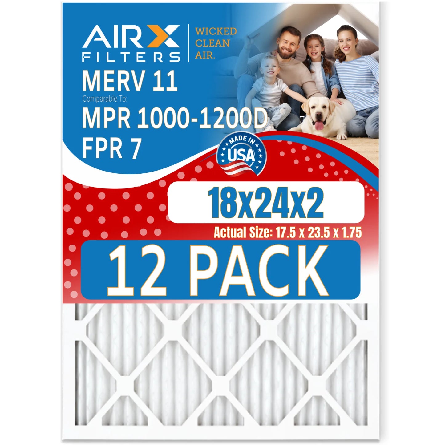 18x24x2 Air Filter MERV 11 Rating, 12 Pack of Furnace Filters Comparable to MPR 1000, MPR 1200 & FPR 7 - Made in USA by AIRX FILTERS WICKED CLEAN AIR.