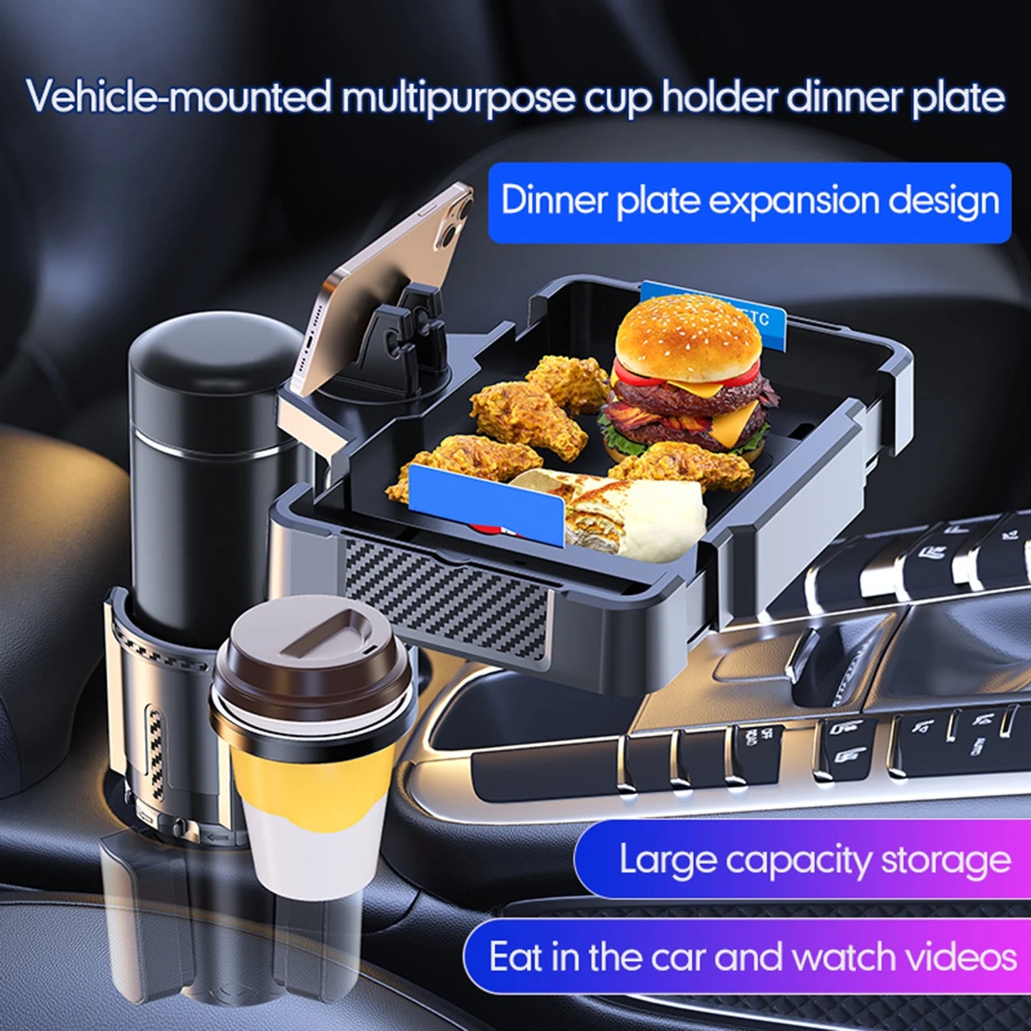 Anself Car Cup Holder Tray with Dual Holder 4IN1 Adjustable Drink Phone Snack Tray Expander