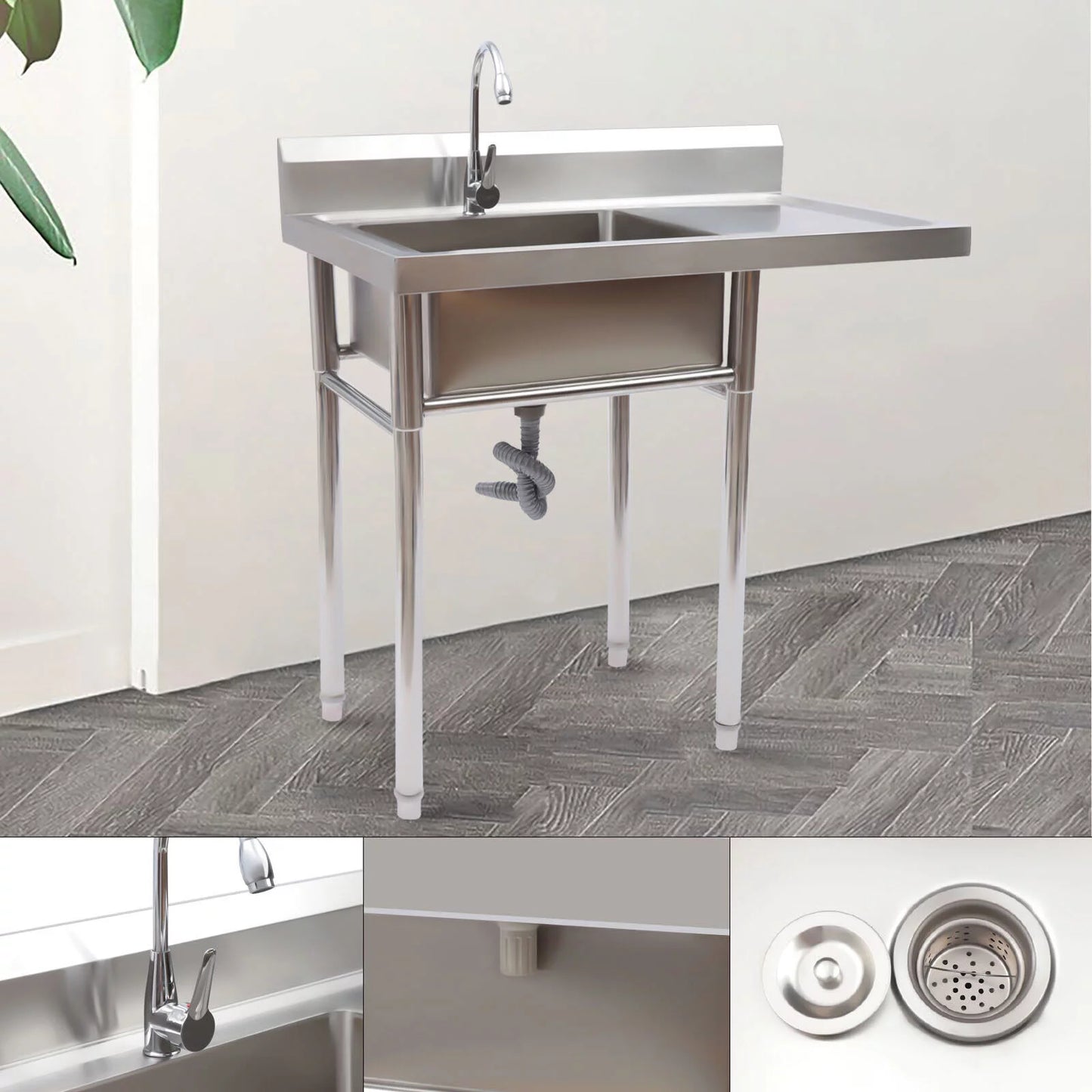 39.3* 23.6* 36.7in Stainless Steel Kitchen Utility Sink Drainboard Sink for Commercial and Home Use