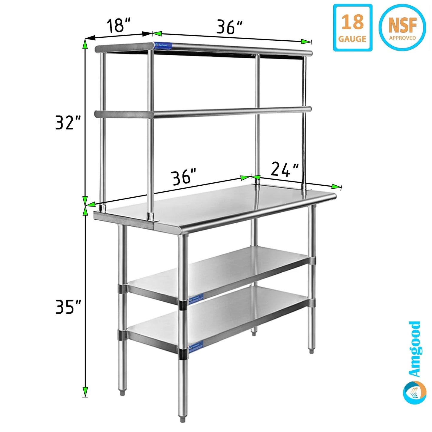 24" x 36" Stainless Steel Work Table With Two Shelves | 18" Wide Double Tier Overshelf | Metal Kitchen Prep Table & Shelving Combo