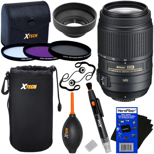 AF-S DX NIKKOR 55-300mm VR Zoom Lens for D3200, D3300, D3400, D5100, D5200, D5300, D5500, D5600, D7000, D7100 & D7200 DSLR Cameras + 3pc Filter Kit (UV,FL-D,CPL) + 8pc Accessory Kit w/ HeroFiber