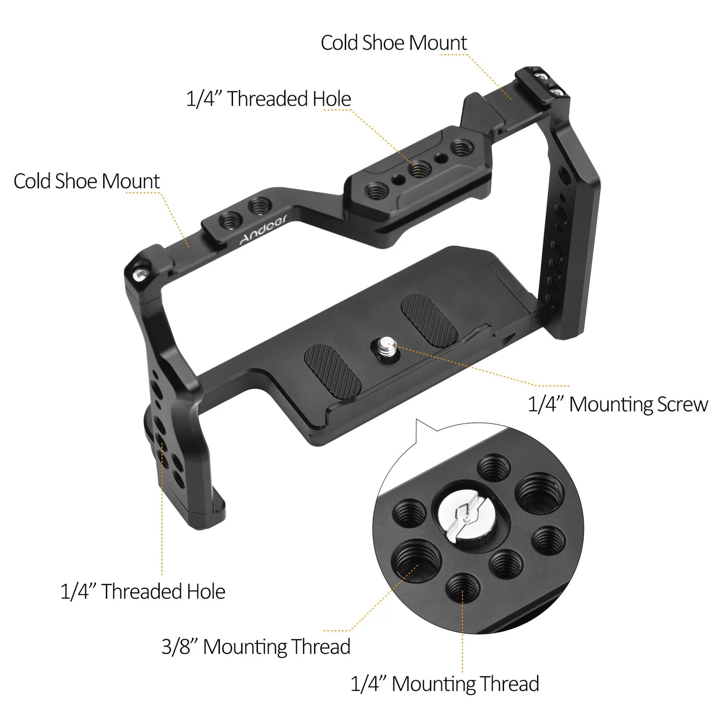 Andoer Camera Cage Aluminum Alloy Video Cage with Dual Cold Shoe Mounts Numerous 1/4 Inch Threads Replacement for  A7IV/ A7III/ A7II/ A7R III/ A7R II/ A7S II