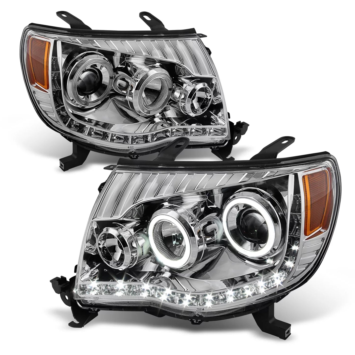 AKKON - For  Tacoma Chrome Clear Dual Halo Ring DRL Daylight LED Projector Headlights Replacement Pair