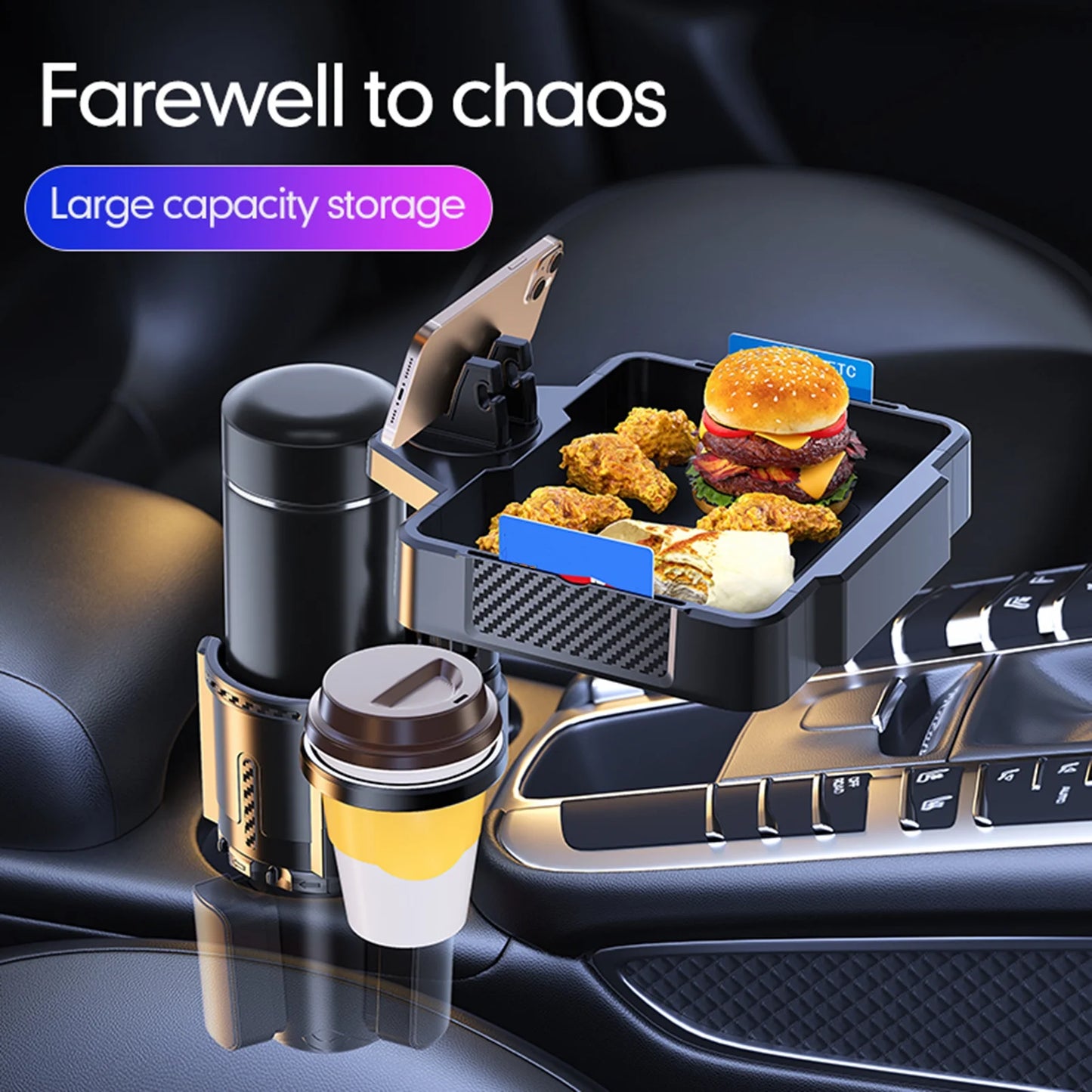 Anself Car Cup Holder Tray with Dual Holder 4IN1 Adjustable Drink Phone Snack Tray Expander