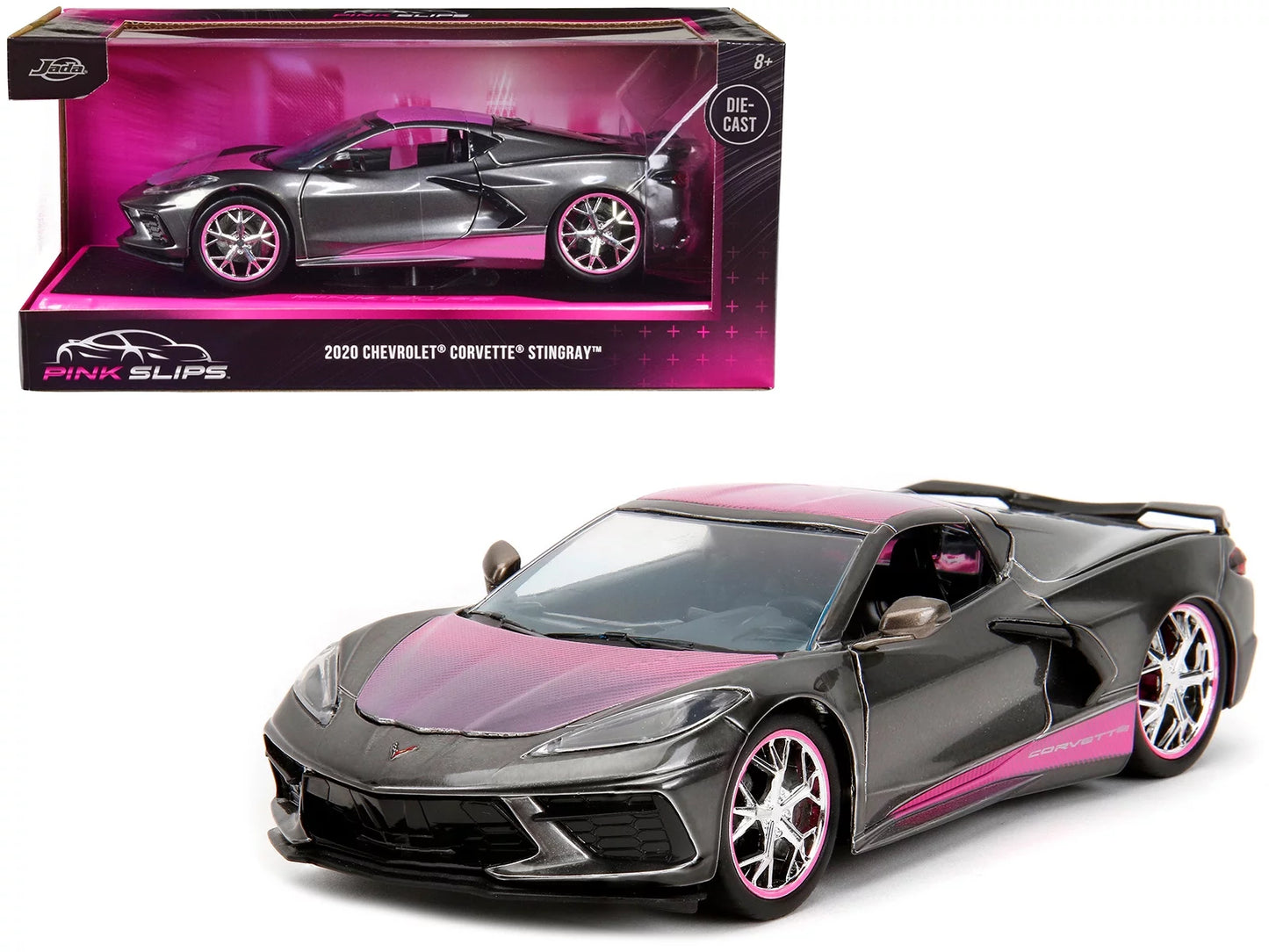 2020 Chevrolet Corvette Stingray Gray Metallic with Pink Carbon Hood and Top Pink Slips Series 1/24 Diecast Model Car by Jada