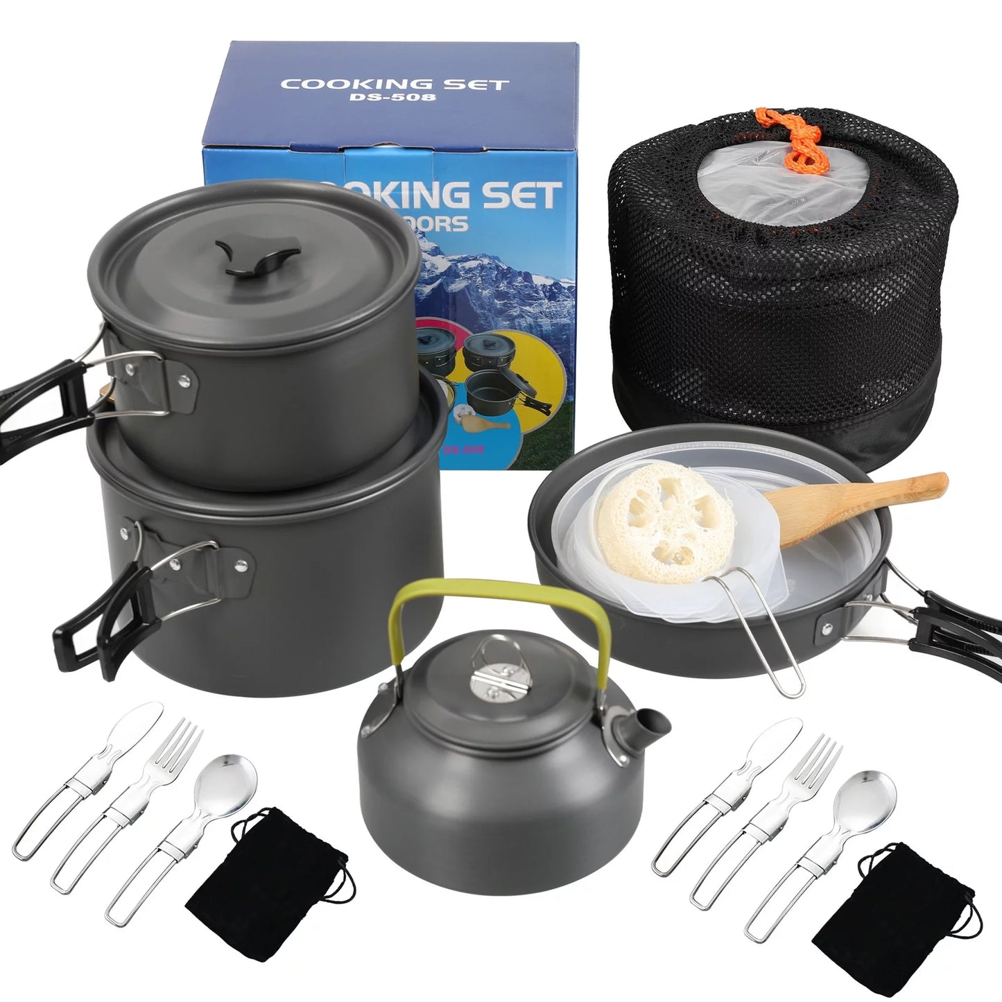 ametoys Camping Cookware Mess Kit, Non-Stick Pot and Pan Set with Kettle for  Cooking and Backpacking Adventures