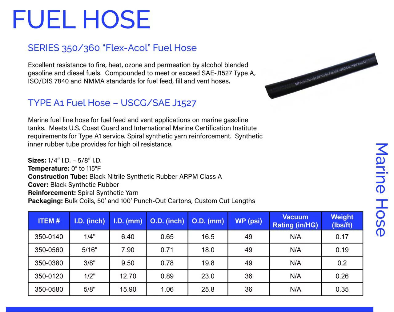 A1 Marine Fuel Hose  A1 Boot Fuel Line 3/8" ID   USCG Low Permeation Fuel Feed Hose Unaflex UIP New Line  25 feet