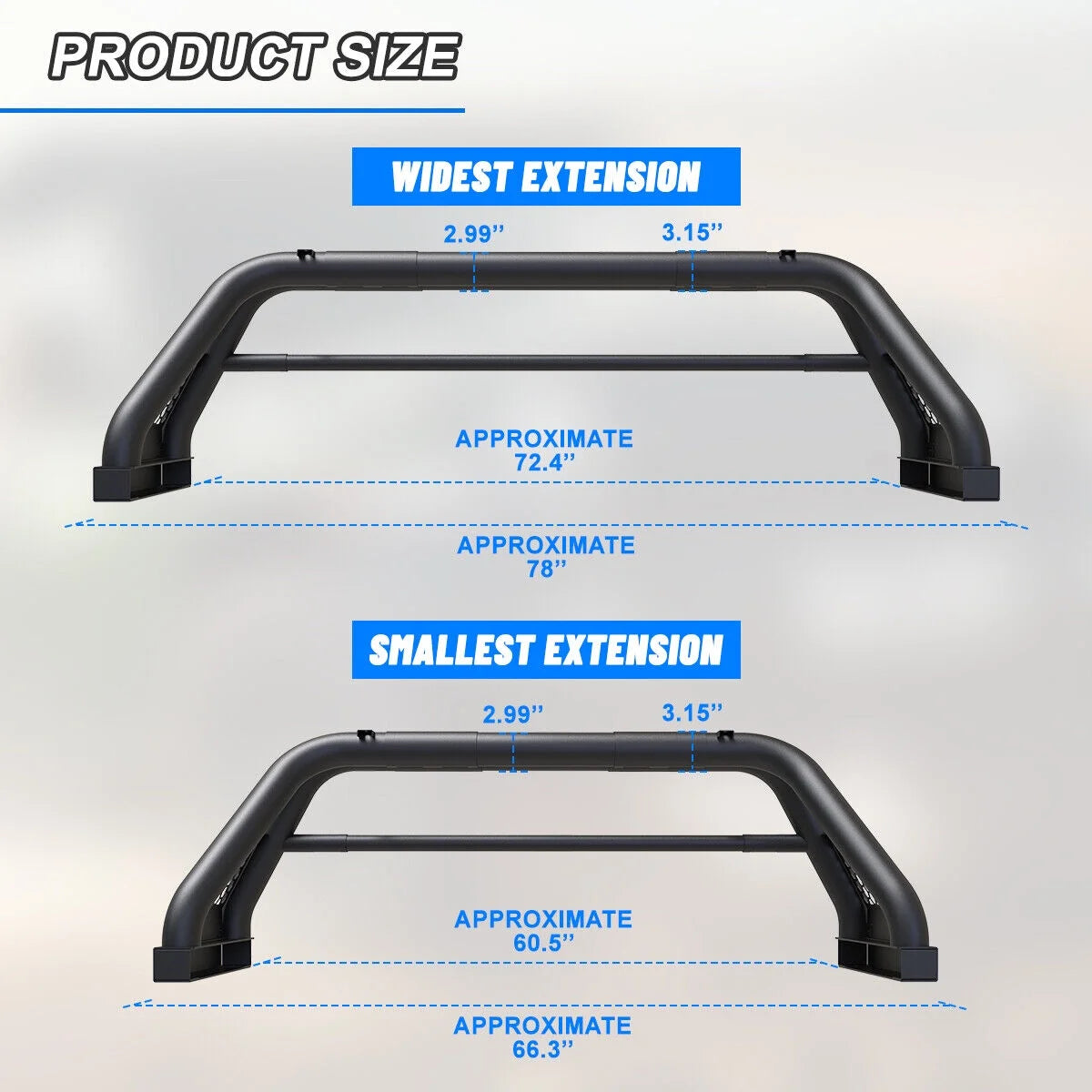 62.9-74.7" Adjustable Truck Roll Sport Bar Chase Rack Bed Bar Fit For 1999-2013 and 2019-2023 Chevy silverado/GMC sierra