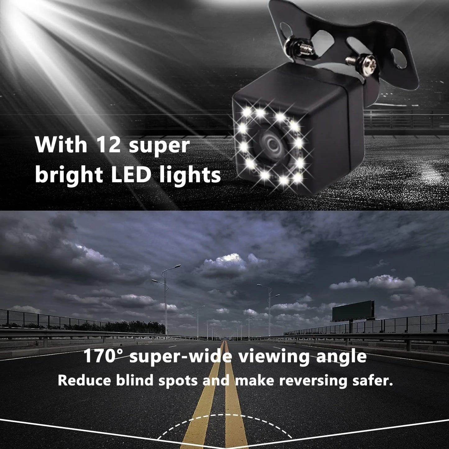 Aienxn Car Backup Camera, 170° Wide View Angle Waterproof HD 12 Night Vision Car Rear View Camera Including