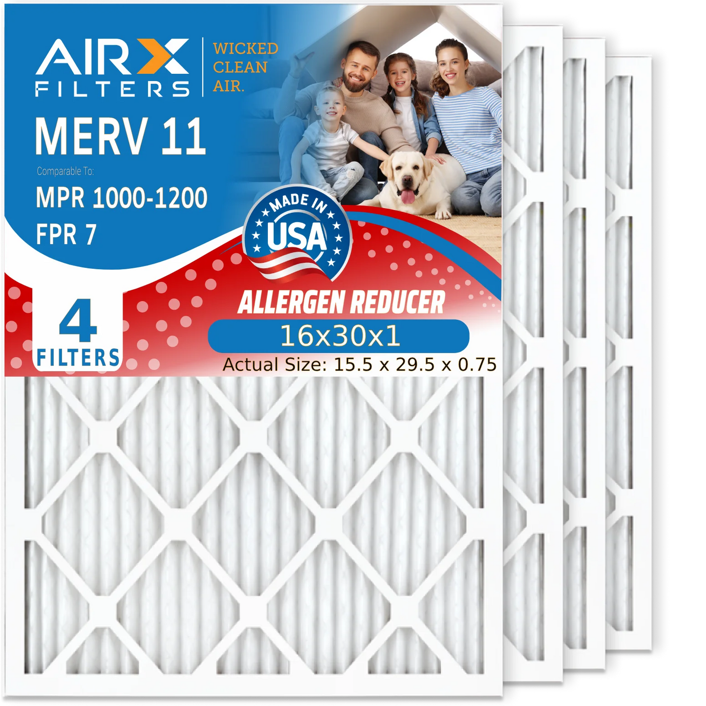 16x30x1 Air Filter MERV 11 Comparable to MPR 1000, MPR 1200 & FPR 7 Electrostatic Pleated Air Conditioner Filter 4 Pack HVAC Premium USA Made 16x30x1 Furnace Filters by AIRX FILTERS WICKED CLEAN AIR.