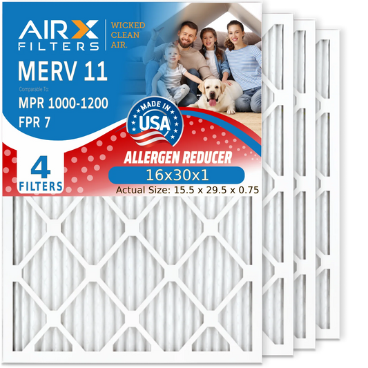 16x30x1 Air Filter MERV 11 Comparable to MPR 1000, MPR 1200 & FPR 7 Electrostatic Pleated Air Conditioner Filter 4 Pack HVAC Premium USA Made 16x30x1 Furnace Filters by AIRX FILTERS WICKED CLEAN AIR.