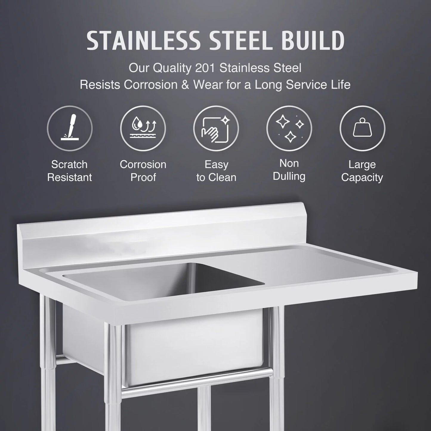 39.3* 23.6* 36.7in Stainless Steel Kitchen Utility Sink Drainboard Sink for Commercial and Home Use