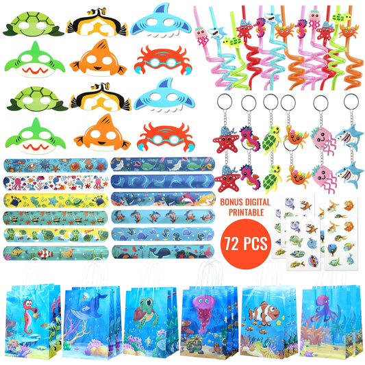 72 Pcs Under The Sea party Favors, Set of 12 Ocean Animal Style Mask Keychain Straw Stickers Treat Bags For Kids Under The Sea Birthday Party Supply