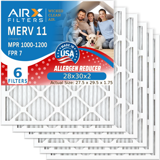 28x30x2 Air Filter MERV 11 Comparable to MPR 1000, MPR 1200 & FPR 7 Electrostatic Pleated Air Conditioner Filter 6 Pack HVAC Premium USA Made 28x30x2 Furnace Filters by AIRX FILTERS WICKED CLEAN AIR.