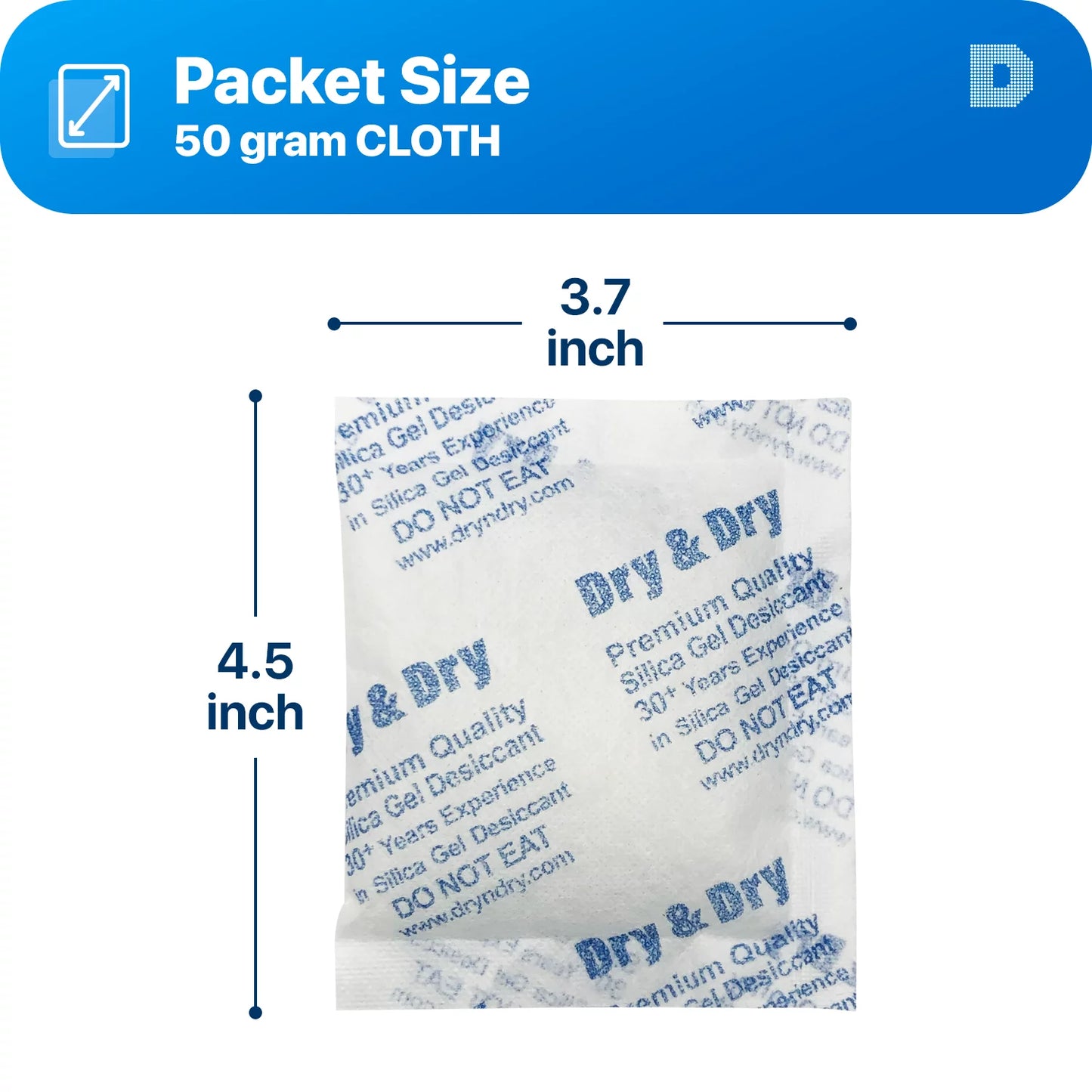 50 Gram [50 Packs] "Dry & Dry" Premium Silica Gel Packets Desiccant Dehumidifiers - Rechargeable Fabric