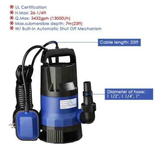 1HP 750W Submersible moisture Sump Pump For Dirty Clean Swim Pool Pond