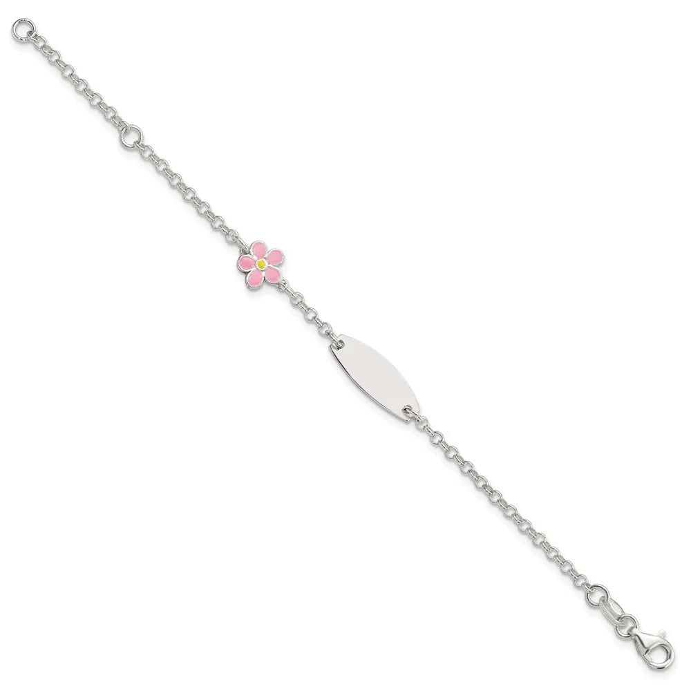 Auriga 925 Sterling Silver Enameled Flower 5inch Id Bracelet 6inch for Women