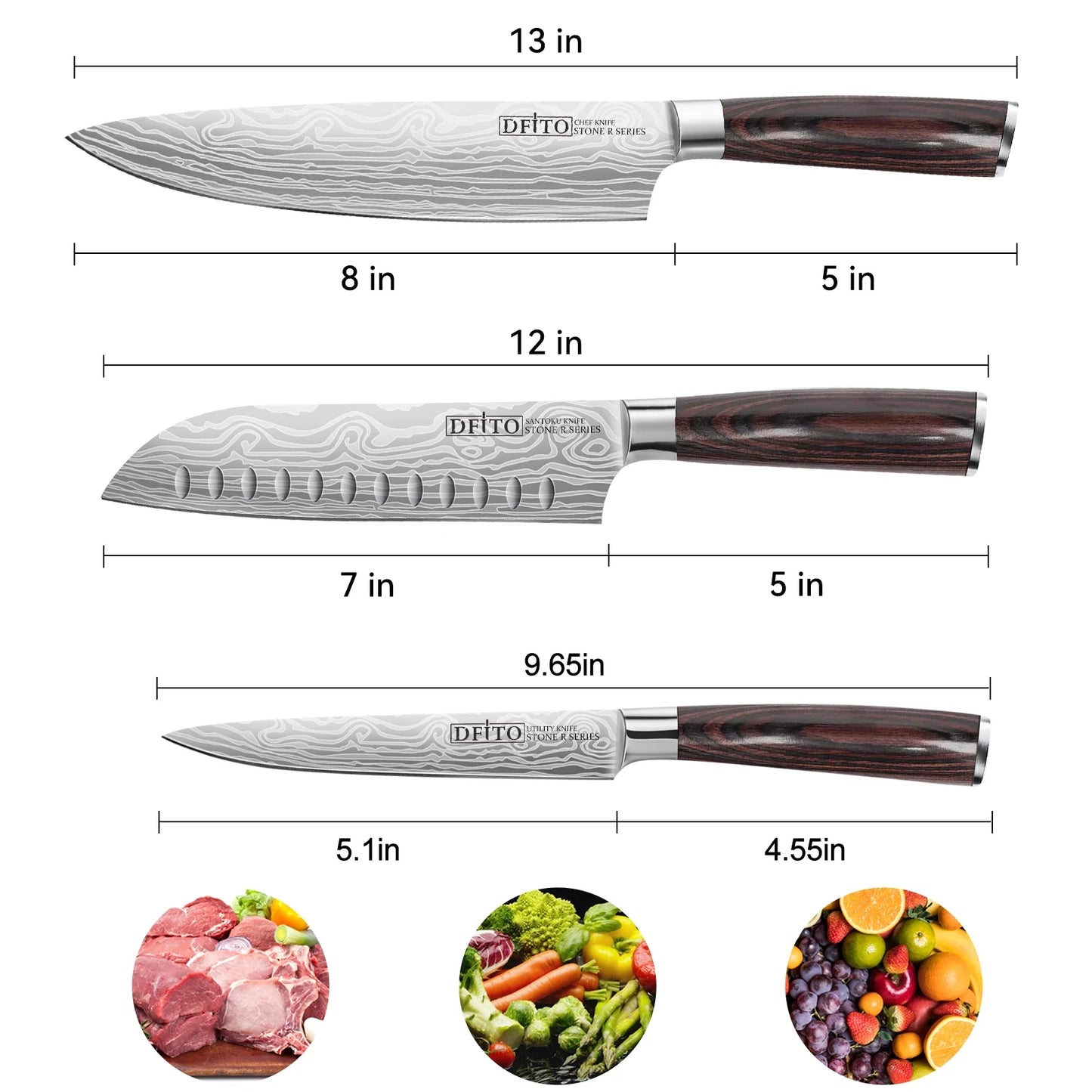 3PCS DFITO Chef Knife, Professional Kitchen Knives,High Carbon Stainless Steel Chefs Knife Set, Ultra Sharp Blade, Ergonomic Handle and Gift Box for Home or Restaurant