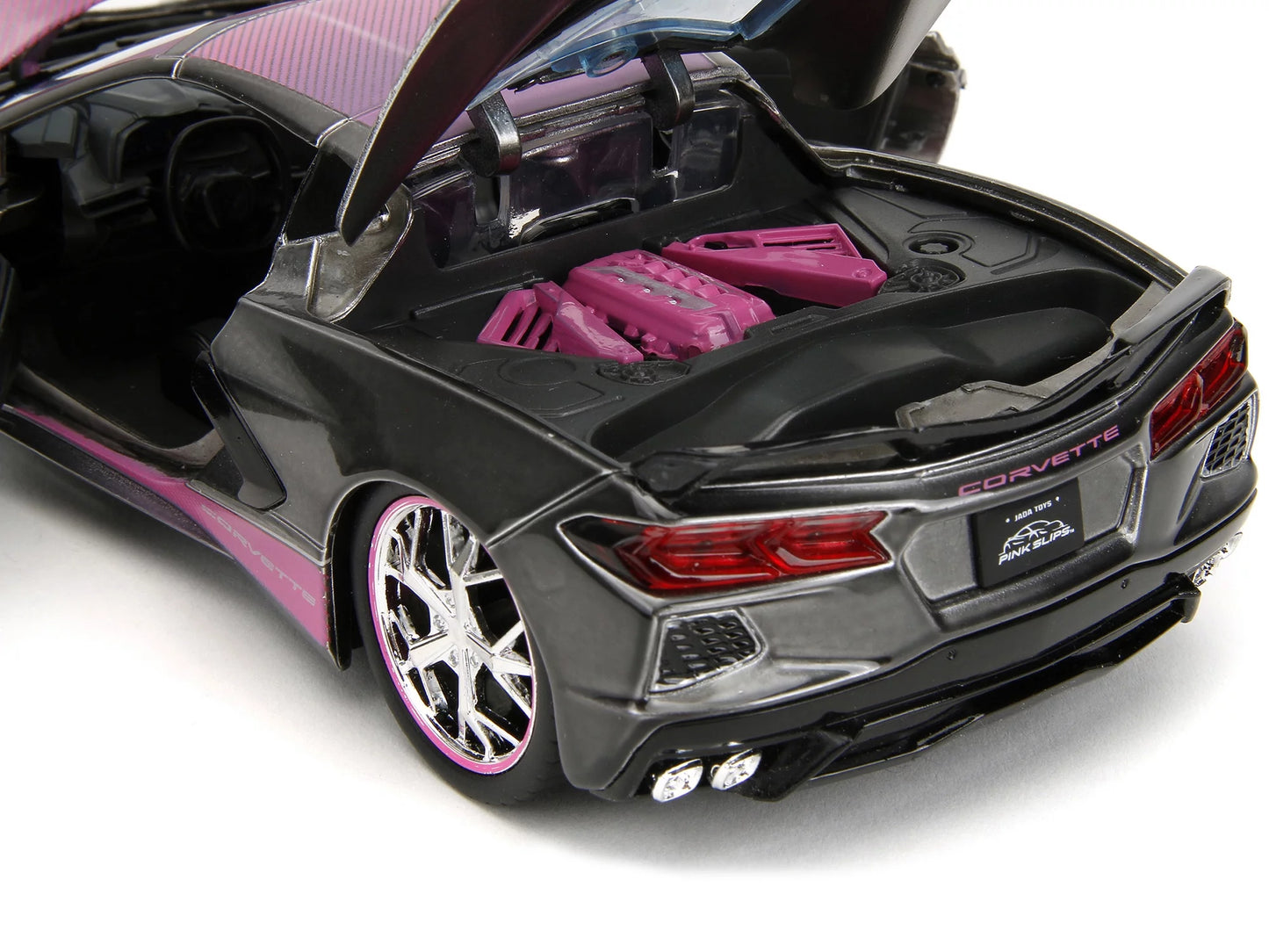 2020 Chevrolet Corvette Stingray Gray Metallic with Pink Carbon Hood and Top Pink Slips Series 1/24 Diecast Model Car by Jada