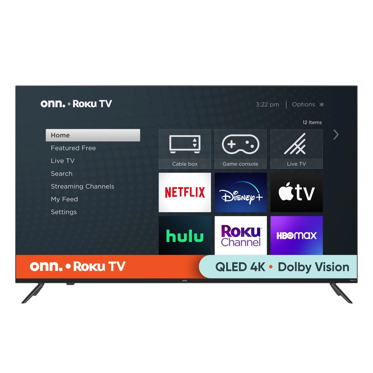 55” QLED 4K UHD (2160p) Roku Smart TV with Dolby Atmos, Dolby Vision, Local Dimming, 120hz Effective Refresh Rate, and HDR (100071701). onn