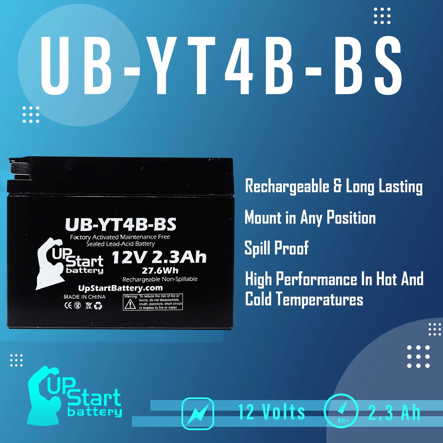 5-Pack UpStart Battery Replacement for 2010 Yamaha SR400 (FI) 400CC Factory Activated, Maintenance Free, Motorcycle Battery - 12V, 2.3Ah, UB-YT4B-BS