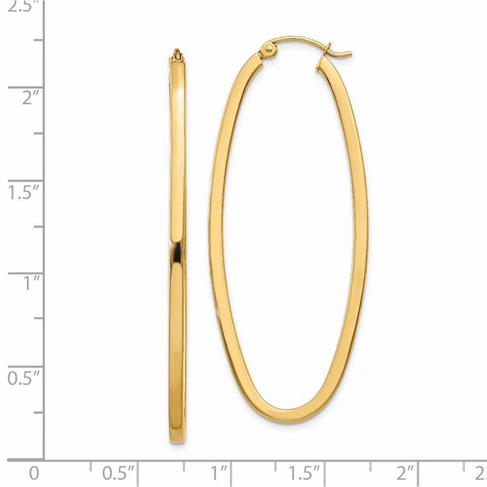 2mm Polished Square Tube Oval Hoop Earrings in Real 14k Yellow Gold